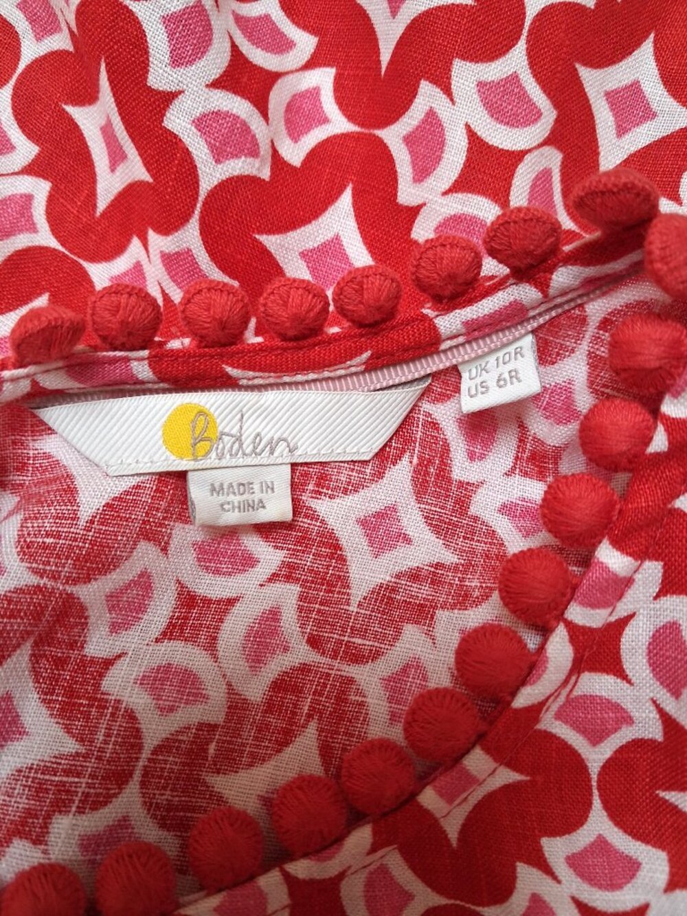 BODEN Red/White Romaine Diamond Drop Linen Pom Pom Dress sz 6 R - Picture 8 of 9